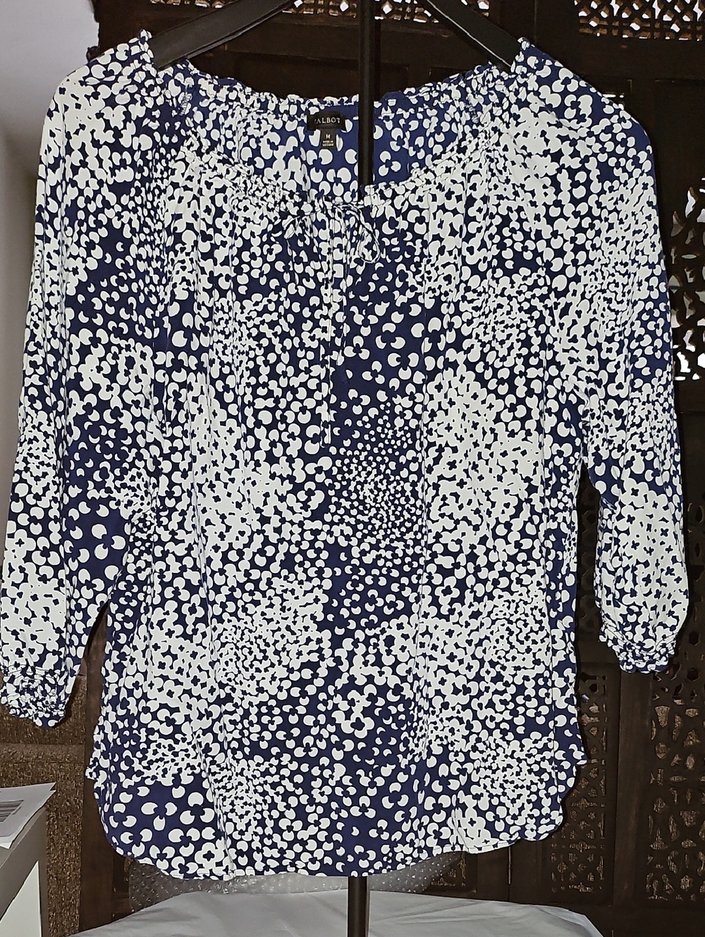 Talbots Navy and White Printed Drawstring Blouse